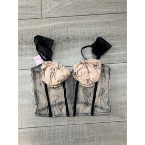 Glam Girl Black Mesh Corset Top Nude Underlay Line Art Print Bustier Small